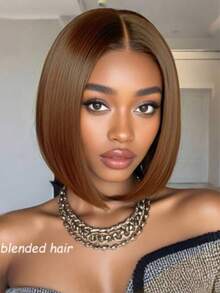 8英寸 180% 密度 13x4 隐形高清蕾丝前置真人发精灵短假发，13x4 蕾丝前置假发，短款精灵短发，无需胶水，真人发混纺假发，预先拔毛的短直发蕾丝前置假发，180% 密度，自然发际线，棕色，8-36 英寸 - 棕色 - 查看 2