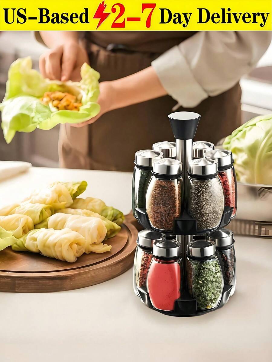 [US-Based Shipping]12JAR Set Large Capacity Revolving Spice Rack Tower - 360° Rotation, Organizer Storage For Kitchen, Spice Stand Holder, Spinning Countertop Herb And Spice Rack Organizer With 12 Glass Jar Bottles Set. Lead-Free, Polished Metal, Glass Containers - Space-Saving Kitchen Organizer With 12 Glass Spice Refill Jars For Cabinet Countertop (Spices Not Included). Adjustable Outlet Size, The Cap Has Three Kinds Of Discharge Ports And It Can Be Rotated According To The Particle Size, And The 360°Rotation Can Be Switched At Will. Large Bottle Mouth, Easy And Convenient When Filling The Seasoning, Will Not Spill Easily, Dustproof And Moisture-Proof, Good Airtightness.They Are Easy To Clean, And Can Be Thrown On The Dishwasher So You Don't Have To Scrub Again. - 彩色 - 查看 1