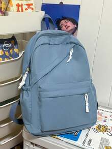 1 Mochila escolar de gran capacidad de nailon para estudiantes, mochila de unicolor simple para estudiantes universitarios, mochila de nailon para damas, mochila de viaje para niñas, bolso de hombro - Azul - Ver 3