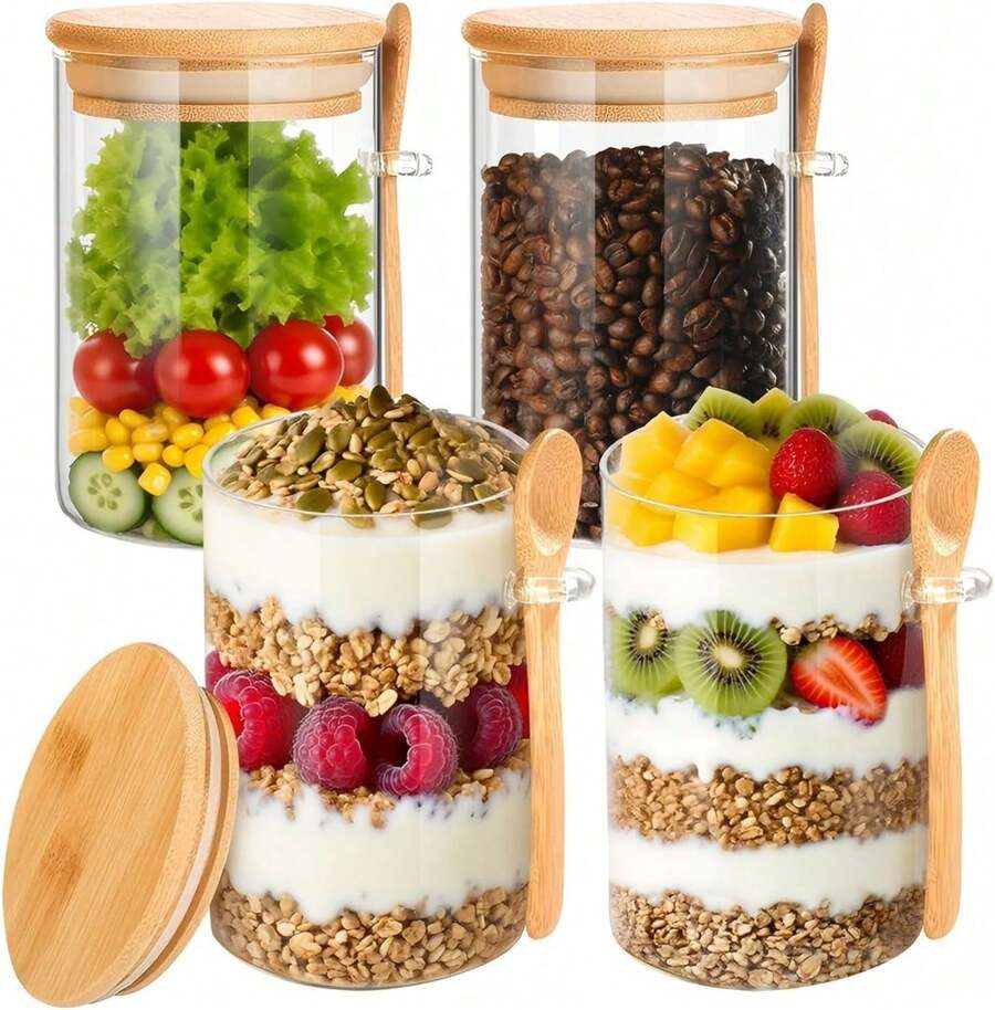 4 Pack Overnight Oats Containers With Lids And Spoons, 18oz Mason Jars Glass Storage Jars With Wide Mouth, Glass Food Storage Containers For Chia Pudding, Yogurt, Salad, Snacks, And Oatmeal. - 4 CÁI - Xem 1