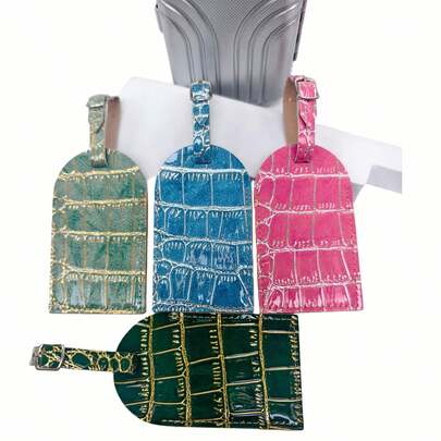 Crocodile Embossed Gold/Silver Edged Luggage Tag, Personalized Luggage ID Tag With Name Card, Lightweight & Fashionable Solid Color PU Leather Travel Accessory, Couples Travel Gift