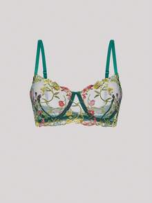 Hourtrue 2 件套女士绿色花卉刺绣网眼性感内衣套装包括性感丁字裤、情人节贴心礼物、蜜月超薄胸罩 - 綠色 - 查看 10