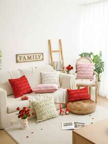 1个浅粉色心形图案枕套，浪漫毛绒仿羊毛方形抱枕，带心形细节 - 情人节、沙发、卧室和浪漫家居装饰靠垫 - 粉色 - 查看 8