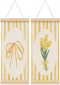 ETYZE Coquette Yellow Bow Tulip Floral Wall Art Poster Hanger Frame, Spring Coquette Wall Decor, Preppy Girly Room Decor, Preppy Canvas Wall Art For Girls Room Dorm Apartment, 12x16 Inch Set Of 2 - ColorI - 查看 1