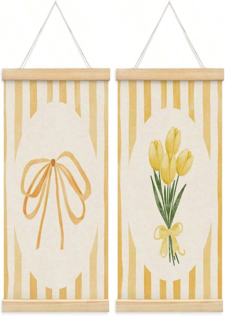 ETYZE Coquette Yellow Bow Tulip Floral Wall Art Poster Hanger Frame, Spring Coquette Wall Decor, Preppy Girly Room Decor, Preppy Canvas Wall Art For Girls Room Dorm Apartment, 12x16 Inch Set Of 2 - ColorI - 查看 1