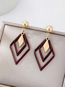1 Pair Fashionable Enameled Rhombus Pendant Earrings For Women, Vintage Elegant High-End Jewelry Suitable For Daily, Vacation, Date, Banquet, Party Accessories - Burgundy - View 2
