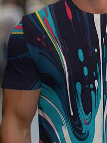 Men'S 3D Printed Short Sleeve T-Shirt - Lightweight Breathable Polyester Round Neck Casual & Sporty Top With Vibrant Abstract Colorful Swirl Design In, Pink, Yellow - 混合色 - 查看 5