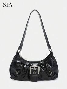 1pc Retro Maillard Distressed Leather Motorcycle Bag With Studs And Buckles, Soft Touch, Folded Detail, Cloud Shape, Shoulder & Crossbody Bag, Suitable For Work, Commute, Date And Party, Retro Inspired Vintage Bag For Women, Halloween Purse Perfect For Fancy Party Halloween Fashion & Gothic Fashion , Vintage Bag - 黑色 - 查看 1