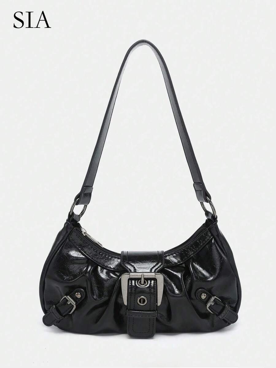 1pc Retro Maillard Distressed Leather Motorcycle Bag With Studs And Buckles, Soft Touch, Folded Detail, Cloud Shape, Shoulder & Crossbody Bag, Suitable For Work, Commute, Date And Party, Retro Inspired Vintage Bag For Women, Halloween Purse Perfect For Fancy Party Halloween Fashion & Gothic Fashion , Vintage Bag - 黑色 - 查看 1
