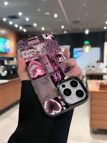 Collage rosa con corazones, música y grafitis. Esta elegante funda es compatible con los modelos  17, 16, 15, 14 Pro Max, 13, 12, 11, XR y XS Plus. Fabricada en silicona TPU, ofrece protección contra golpes y caídas, además de una sensación superior. Es un regalo ideal para familiares, amigos y seres queridos, y una opción perfecta para Año Nuevo. - Negro - Ver 4