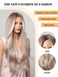 5星推荐 28英寸/71厘米长波浪渐变假发，无刘海 - 女士耐热合成假发，外观自然，适合角色扮演，彩色合成假发，耐高温假发，适合女士日常时尚造型，也适合万圣节和圣诞节等场合。 - 挑染白色 - 查看 3