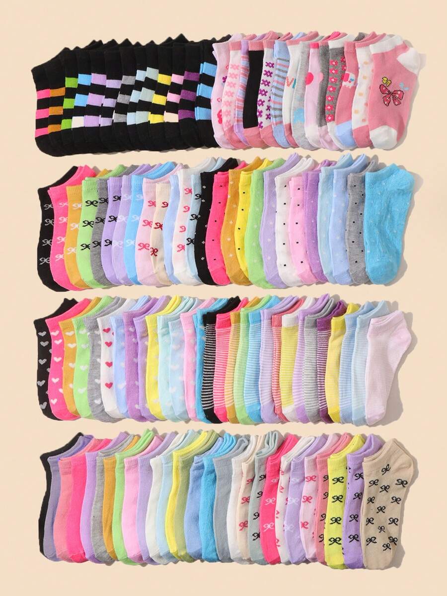 24双儿童柔软棉质腿套，混合爱心/蝴蝶结/条纹/格子/波点图案，透气弹力袜口，休闲日常上学玩耍腿套套装 - 彩色 - 查看 1