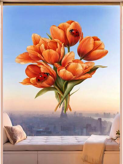 1张鲜艳郁金香窗贴 - 精美花卉贴纸，适用于玻璃窗，是家居装饰、店铺橱窗展示和春季庆祝活动的完美之选。用这些惊艳的郁金香窗贴装点您的空间！这些花卉窗贴非常适合装饰玻璃窗，为任何房间增添色彩。是送给春天、家居装饰爱好者或任何爱花人士的理想礼物。