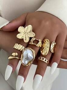 7pcs/Set Bohemian Geometric Faux Pearl Asymmetrical Hollow Ruffle Flower Fashion Open Ring Set, Luxurious Everyday Versatile Jewelry Gift For Women - Ring - View 12