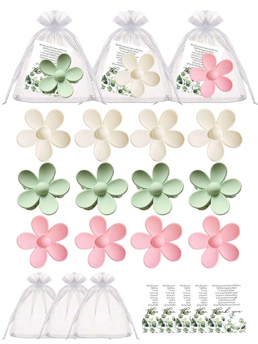 15/3件套婚礼花朵发夹礼盒，包含5瓣花朵发夹、感谢卡和10*12厘米礼品袋，适合婚礼派对回礼、派对礼物、婚礼纪念品，也适用于新娘送礼会、婚礼用品、单身派对、宾客纪念礼品等。 - 彩色 - 查看 1