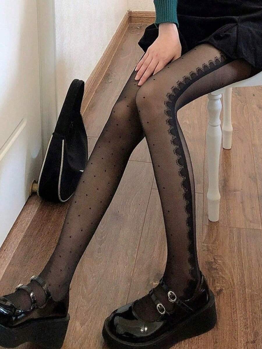 1 đôi quần legging bó sát phối ren chấm bi, thiết kế gợi cảm và thời trang. - màu đen - Xem 1