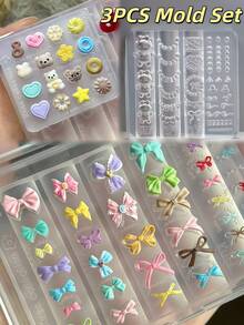 3件套美甲模具套装 - 蝴蝶结、泰迪熊、饼干、小猫、奶油蕾丝，可爱3D美甲装饰DIY透明硅胶模具 - 無色 - 查看 12