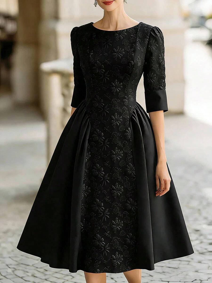 Women's Elegant Minimalist Black Jacquard Patchwork Fabric Round Neck Short Sleeve Midi Dress, Spring/Summer - Black - View 1