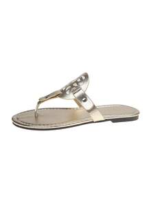 Teens' Hollow Geometric Design Flip Flops, Vacation Style Lightweight Fashion Gold Sandals Suitable For Summer, Beach, Festivals, Gifts - Gold - View 1