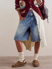 时尚复古蓝色女士牛仔短裤，春夏设计，褶裥裤脚和口袋，休闲宽松直筒中长款牛仔短裤 - 藍色 - 查看 5