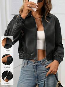 Women's Short Faux Leather Jacket, Casual Zipper Motorcycle Jacket With Pockets - Dark Black - View 2