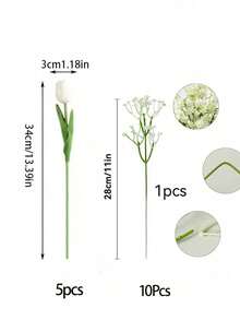 3/30支装仿真满天星和白色郁金香花束套装。适用于婚礼装饰、家居装饰、办公室装饰、房间装饰、DIY插花、户外布置、客厅装饰、婚礼中心摆件和情人节。适合春季和情人节。也可用作复活节礼物、仿真花束、订婚派对、春夏装饰、闺蜜礼物、生日礼物和新娘捧花。