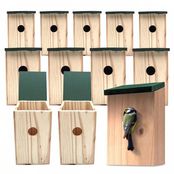 4/12 Pack Wooden Bird Nesting Boxes | Durable Bird Houses For Garden | Weather-Resistant Nest Box For Small Wild Birds, Finches, Robins & Sparrows | Outdoor Wooden Bird Shelter With Sloping Roof & Hinged Back For Easy Cleaning & Installation