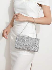 Conjunto de joyas con strass: collar, aretes y pulseras para bolso de embrague para fiesta, elegante bolso de embrague de plata con brillo de strass, romántico bolso de hombro con cadena para boda, primavera/verano, bolso de novia, embrague formal para baile de graduación, elegante bolso de vestido de noche, perfecto para fiesta, boda, cena/banquete formal - Plateado - Ver 4