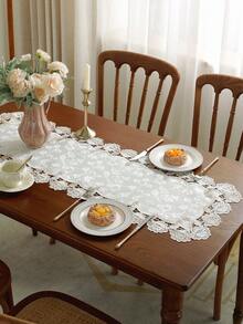 Jacquard Satin Fabric, Bicolor Embroidered Lace Trim Table Runner, Dresser Scarf, Doily, Home Decor Flag, Placemat, Suitable For Kitchen, Dining Room, Study, Coffee Table, Dressing Table, Living Room, Bedroom, Patio, Outdoor Furniture, Picnic, Villa, Party And Wedding Decoration, 1pc Table Runner (Various Sizes)