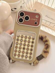可爱格子爱心卡包仿皮手机壳，兼容 17 Pro Max/17 Pro/17/16/15/14 Pro Max，带毛绒腕带，哑光保护套 - 綠色 - 查看 4
