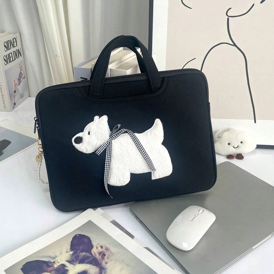 笔记本电脑保护套，带蝴蝶结小狗图案，适用于 11/12/13/14/15.6/16 英寸笔记本电脑/平板电脑，配有提手和肩带 - 彩色 - 查看 1