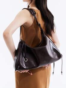 Women's PU Leather Crescent Hobo Bag, Large Capacity Shoulder Bag, Soft Tote Bag, Spacious Travel Designer Shoulder Bag With Adjustable Strap - Coffee - View 5