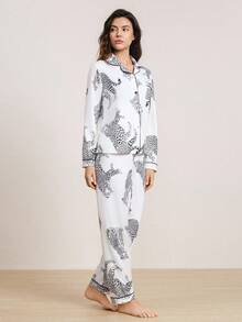 Hourtrue Casual Animal Leopard Print Collared Long Sleeve Top And Loose Pants Comfortable Women's Pajamas Set, Fall Winter Clothes, Lounge Wear, Old Money Vibe, Elegant Outfitfor Summer - Black and White - View 7