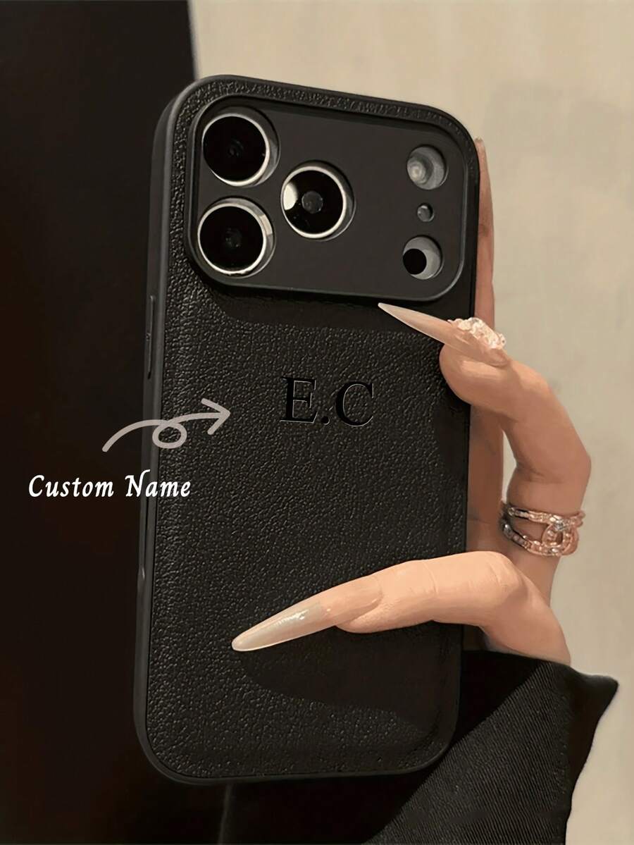 个性化奢华鳄鱼纹烫金字母仿皮手机壳，兼容苹果手机，全方位保护，时尚手机配件，可定制姓名，简约防指纹防摔防震情侣手机壳，情人节礼物，生日礼物，节日礼物 - 黑色 - 查看 1