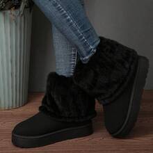 Womens Snow Boots Fluffy Faux Fur Lined Short Casual Shoes Platform Solid Winter Warm Boots Outdoor - 黑色 - 查看 3