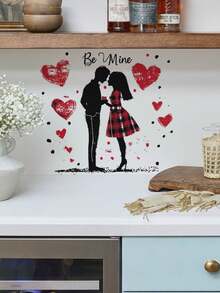 1片装多尺寸PVC可移除墙贴，情人节装饰墙贴，浪漫玫瑰花、爱心、接吻情侣、优雅羽毛爱心、节日氛围酒杯和巧克力图案，适用于卧室、客厅、书房、餐厅、浴室、家居墙面装饰、房间装饰 - 彩色 - 查看 3