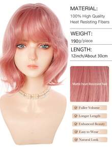 12英寸粉色波波头假发，带刘海，合成耐热假发，外观自然，适合女性日常、派对和角色扮演使用，粉色、棕色、黑色可选。 - 彩色 - 查看 4