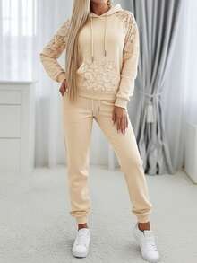 Women's 2 Pieces Set: Lace Patchwork Drawstring Kangaroo Pocket Hoodie And Drawstring Elastic Waist Jogger Pants, Casual Street Wear - Apricot - View 4