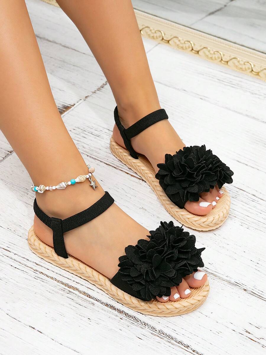 女士户外休闲时尚蝴蝶结装饰露趾平底凉鞋，性感防滑，舒适百搭，适合春、夏、秋季、海滩、度假穿着。 - 黑色 - 查看 1