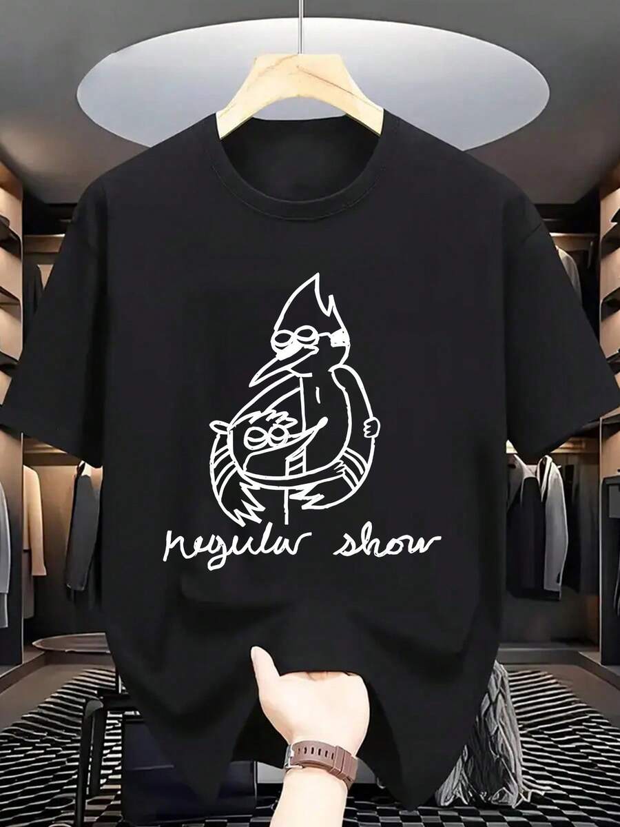 Men Regular Show Themed T-Shirt With Mordecai Rigby Cartoon Print Casual Round Neck Summer Tee Suitable For S Fans Outdoor Casual Attire Machine Washable TV Show Merchandise - màu đen - Xem 1