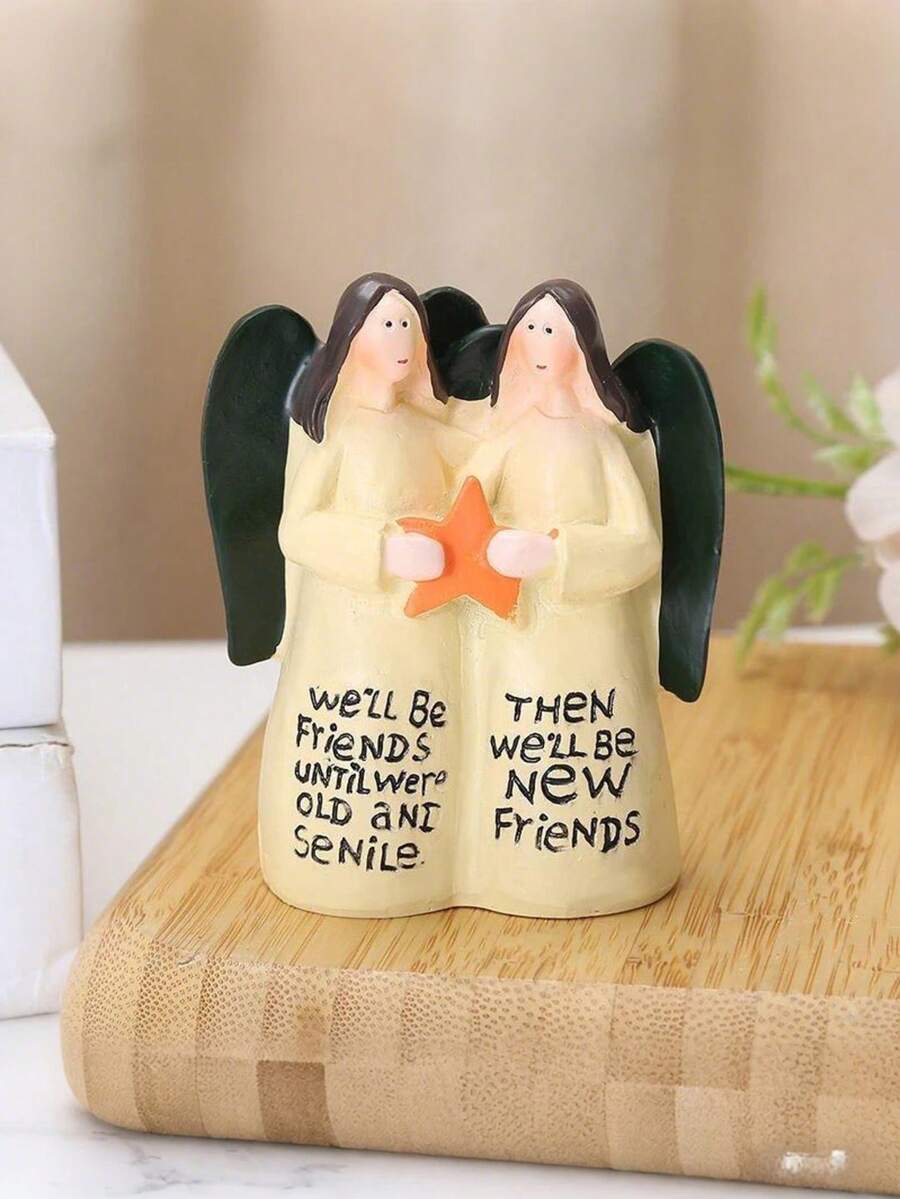1pc Friendship Angel Decor With Star, Resin Sisters Sculpture, Classic Style With Inspirational Quote, Indoor Tabletop Or Outdoor Garden Decoration, Thoughtful Gift For Best Friend - Multicolor - View 1