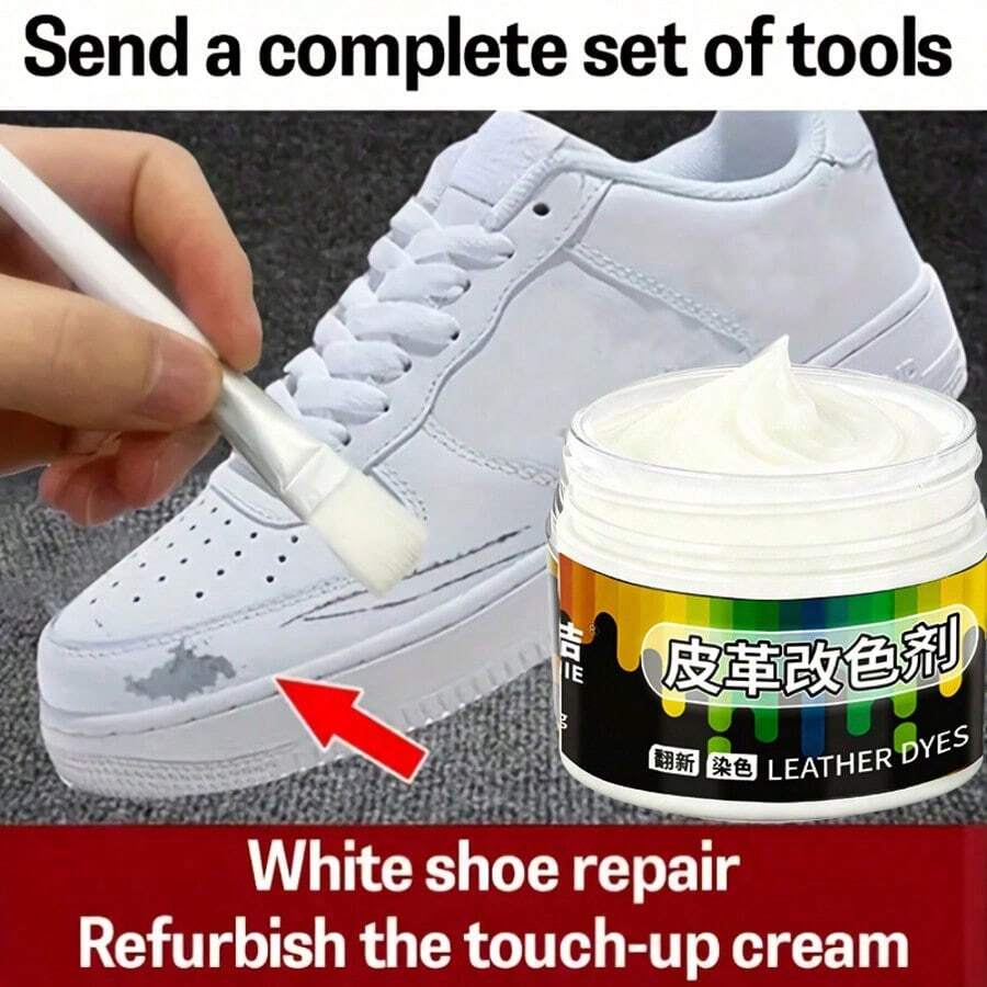1.76 Oz White Shoe Dye Repair Kit, Includes Brush For Restoring Yellowed Shoe Sides; Color Restoring Cream To Cover Black Stains And Yellowing; Repairs Scuffed Synthetic Leather Toe Caps With Anti-Fading Properties. - White - View 1