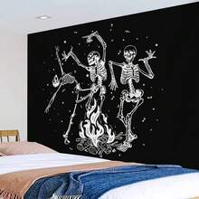 Skeleton Tapestry Skull Tapestry Starry Tapestry Black And White Stars Bonfire Dance Music Tapestry Wall Hanging For Living Room Bedroom Aesthetic - Black - View 3