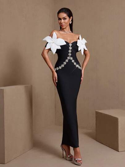 Elegant Floral Jacquard Rhinestone Off-Shoulder Formal Evening Dress, Sexy Party Spring