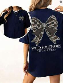Vintage Camo Bow Hunting Shirt, Wild Southern Camo T-Shirt,Simply Printed Graphic Shirt,Daily Casual Womenswear-Unisex Street-Style Cotton T-Shirt Top - 藏蓝色 - 查看 1