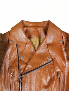 Women's Fashion Faux Fur Crocodile Print Jacket Collar Design Waist Belt Detail Zipper Closure - Lạc đà G0772 - Xem 6