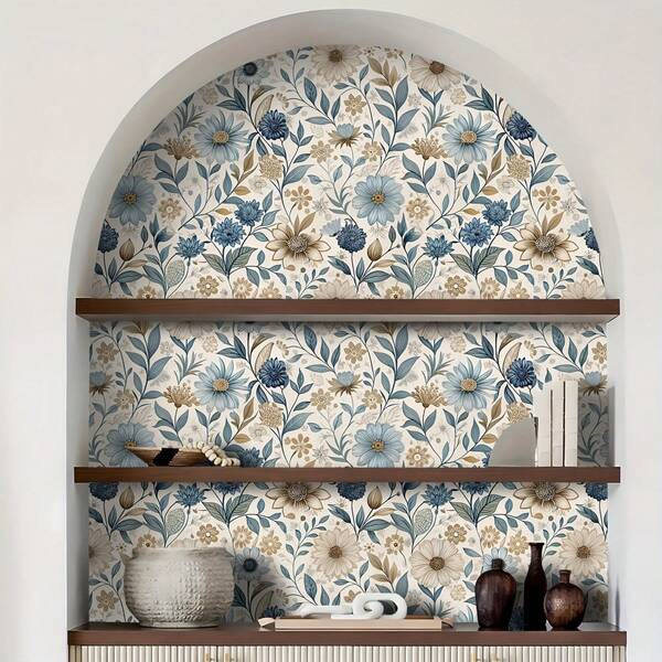 1 Roll Of French Retro Style Self-Adhesive Wallpaper - Blue Brown Plant Flower Pattern, Waterproof And Moisture-Proof Contact Paper, Peelable And Adhesive, Detachable Sticker, Home Decoration, Suitable For Bedroom, Dining Room, Living Room, TV Background Wall Renovation, Cabinet, Table, Bookshelf, Niche Furniture Renovation, Easy To Install, Size 44 * 300/500/1000cm