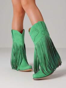 Vintage Fringe Tassel Western Cowgirl Boots For Women Pointed Toe Block Chunky Heels Slip-On Comfy Festival Riding Retro Mid Calf Cowboy Boots Woman - 綠色 - 查看 2