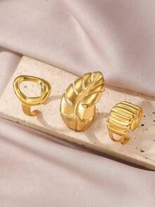 3pcs Set Gold-Plated Open Rings: Leaf Texture + Geometric Design, Suitable For All Women's Outfits - Gold - View 6
