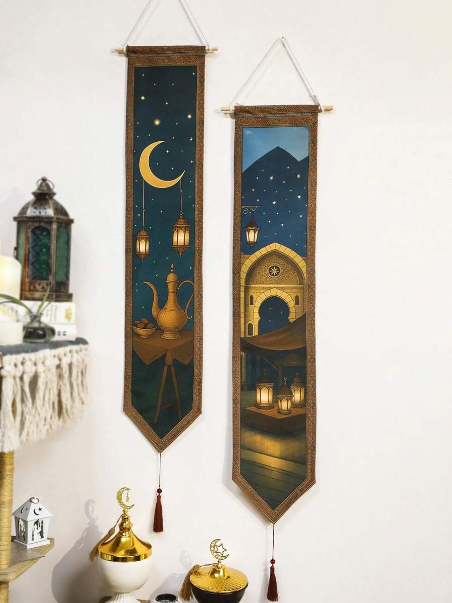 1 pezzo/2 pezzi Arazzo bohémien con luna e stelle, arazzo con motivo a lanterna con nappe vintage, design vintage a teiera, decorazione elegante per la casa, adatto per soggiorno e camera da letto, perfetto per ambienti boho e mistici, decorazione da parete per vacanze e feste, ottimo regalo per amici e famiglia